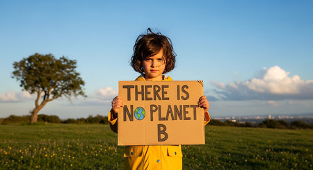 Child holding a sign with text: There is no place in the worldの素材