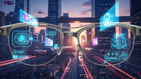 Glasses against modern cityscape with skyscrapers at night 3D renderingの素材