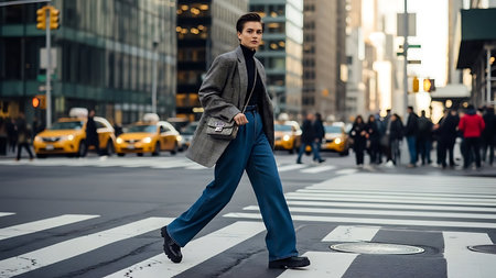 Handsome young man crossing the street in New York City.の素材
