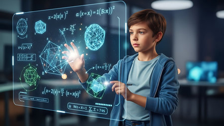 It is all about science. Side view of thoughtful boy touching hologram screen while standing indoorsの素材