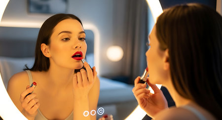Beautiful young woman applying red lipstick in front of the mirror.の素材