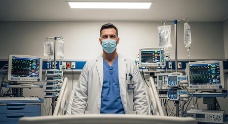 Portrait of a male doctor sitting in an operating room at hospitalの素材