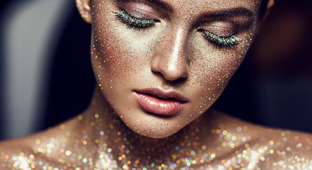Fashion portrait of young beautiful woman with glitter makeup and sparkles on her faceの素材