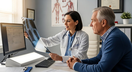 Doctor showing x-ray to senior patient in clinic, copy spaceの素材