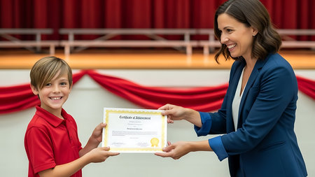 Portrait of a little boy giving certificate to his teacher at schoolの素材