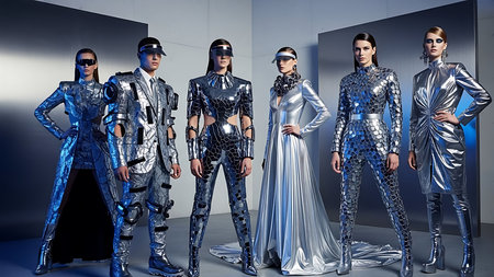 3D rendering of a group of futuristic people in silver suits.の素材