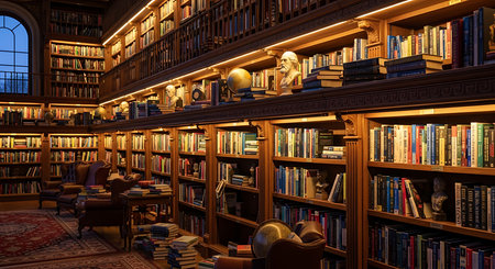 Bookshelves in the library at night. Night time. 3d renderingの素材