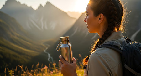 Young woman with backpack and thermos in mountains at sunset. Concept of healthy lifestyle.の素材