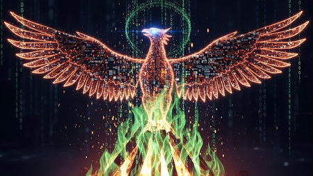 Glowing angel wings with binary code on dark background 3D renderingの素材