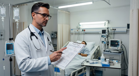 Portrait of confident doctor holding clipboard while standing near patient in hospitalの素材