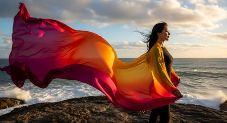 Beautiful asian woman with flying fabric on the beach at sunsetの素材