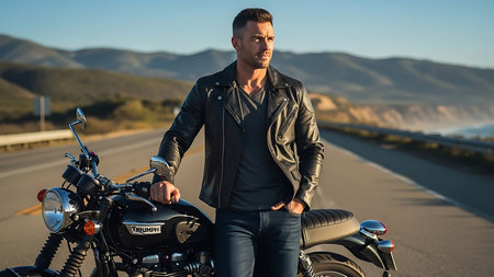 Handsome man in black leather jacket and jeans posing on a motorcycle on the road.の素材