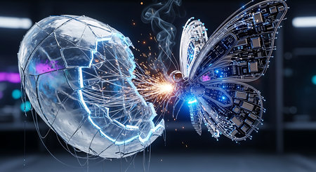 Futuristic robot head with glowing human brain interface. 3D renderingの素材