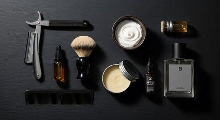 Set of men's hairdresser tools on black background.の素材