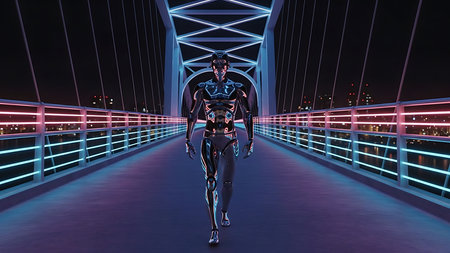 Cyborg in the futuristic bridge. 3D rendering. Virtual reality.の素材