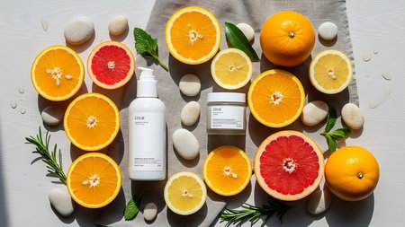 Organic cosmetic products with grapefruit, orange, lemon and rosemary on a white background.の素材