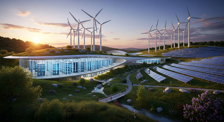 Solar panels, wind turbines and solar photovoltaic panels. 3D renderingの素材