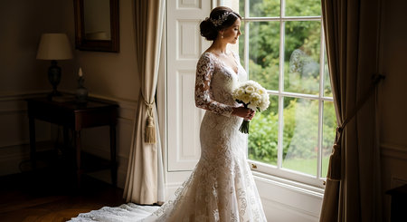 Beautiful bride in elegant wedding dress with bouquet posing near windowの素材