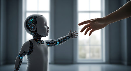 Robot and human hand touching each other. 3D rendering.の素材