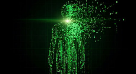 Futuristic cyberspace background with binary code and human figureの素材