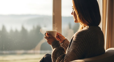 Young woman with cup of coffee sitting on window sill at home.の素材