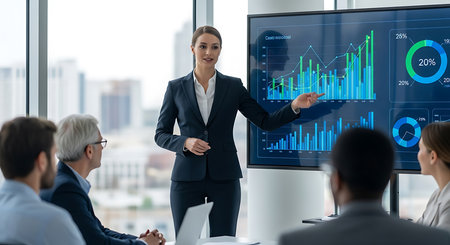 businesswoman pointing at virtual panel with graphs and charts during meeting in officeの素材