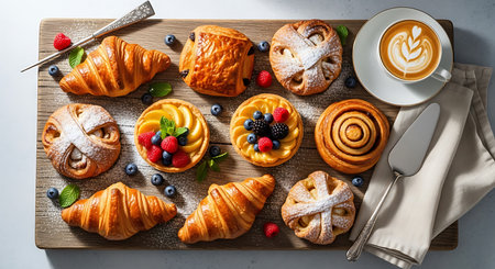 Breakfast with coffee and croissants on a wooden board, top viewの素材