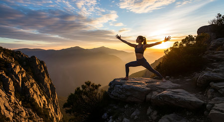 Silhouette of a woman practicing yoga on the top of a mountain during sunsetの素材