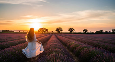Beautiful woman in a lavender field at sunset. Beautiful landscapeの素材