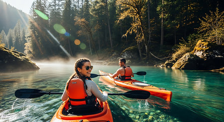 Couple kayaking on the mountain river. Man and woman paddling on a kayak in the mountains.の素材