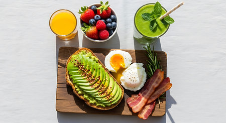 top view of healthy breakfast with avocado, eggs and berries on wooden boardの素材