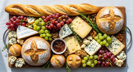 assortment of cheese and baguette on white table, top viewの素材