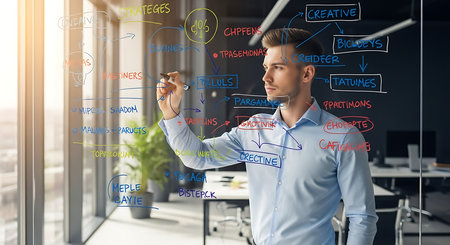 Young businessman drawing business strategy plan on glass wall in office. Business and finance conceptの素材