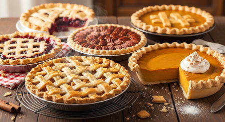 Pumpkin pie and other homemade pies on a wooden table.の素材