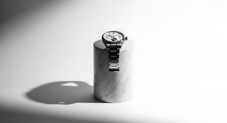 Silver wristwatch on a white background. Black and white photography.の素材
