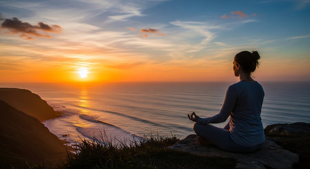 Woman practicing yoga on the beach at sunset. Beautiful seascape.の素材