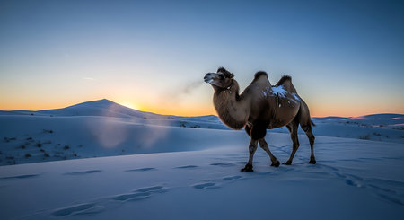 Camel in the desert at sunset, Kyrgyzstan.の素材