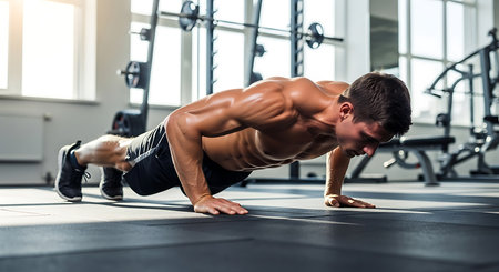 Handsome Young Man Doing Push Ups As Part Of Bodybuilding Trainingの素材