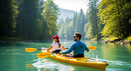 Couple kayaking on the mountain lake. Man and woman paddling on a kayak in the forest.の素材