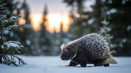 Porcupine in the forest at sunset. Winter landscape.の素材