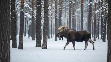 Moose in the winter forest. Animal in the winter forest.の素材