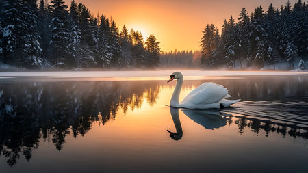 Beautiful winter landscape with a white swan on the lake at sunsetの素材