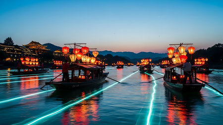 Chinese lanterns on the riverside at night in Hangzhou, Chinaの素材