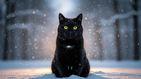 Black cat sitting in the snow on a background of a winter forestの素材