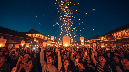 View of unknowns people attending a religious ceremony in the streets of Kathmandu in the eveningの素材