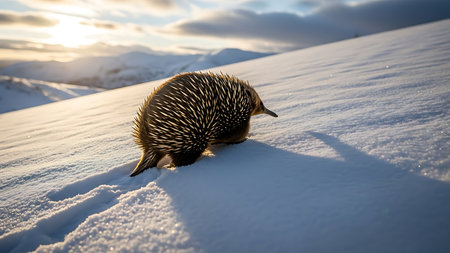 A closeup shot of a echidna in the snow at sunsetの素材