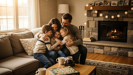 Happy family with two children sitting on sofa at home in front of fireplaceの素材