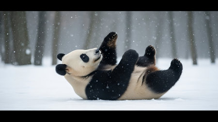 Giant panda bear in the snow. A giant panda in the snow.の素材