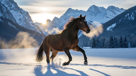 Horse running on snow in the mountains at sunset. Winter landscapeの素材