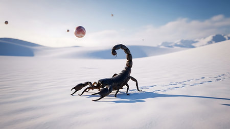 Scorpion and ball in the desert. 3d render.の素材